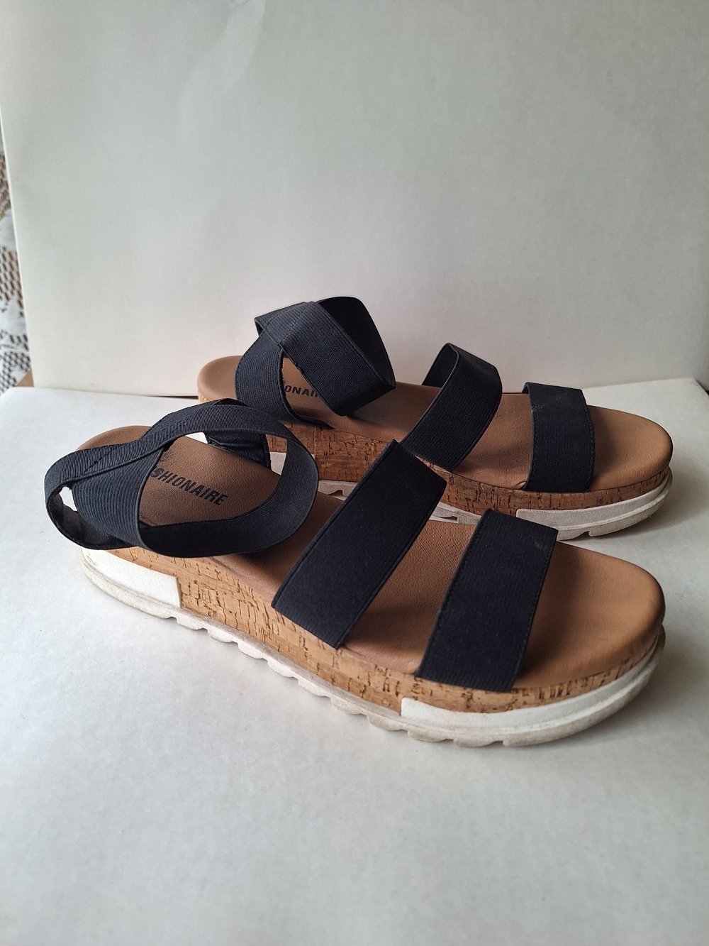 Elastic Strap Black Cork Platform Sandals with White Sole